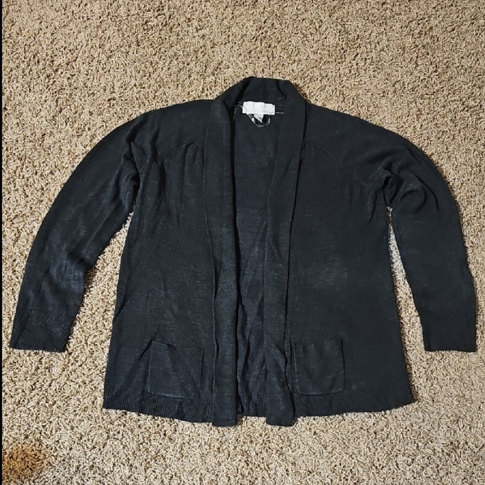 Carolyn Taylor Acrylic Cardigan Gray Duster Large Open Knit Sweater Pockets